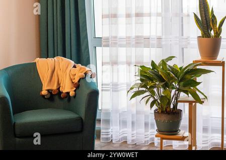 Nahaufnahme der gemütlichen Ecke im Apartment mit komfortablem Sessel. Stockfoto