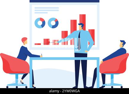 Das Business Team bespricht die Unternehmensstrategie während einer Präsentationsbesprechung, analysiert Finanzdiagramme und Diagramme, die positives Wachstum zeigen, und macht Notizen Stock Vektor