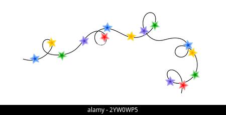 Weihnachten bunte mehrfarbige Lichter lockige String Girlande, Kritzelei Hand gezeichnete Vektor-Illustration, flache Zeichentrickfilm saisonales Bild für Winter Neujahr Feiertag, Geburtstag Veranstaltungen Design Stock Vektor