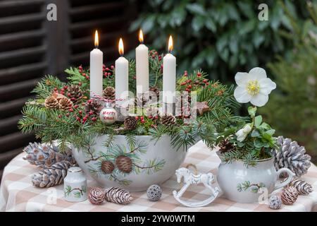 Weiße Adventskerzen in einem Suppentüreen, dekoriert mit Nadelzweigen, Kegeln und Hüftrosen und helleborus niger in einem Saucenboot Stockfoto