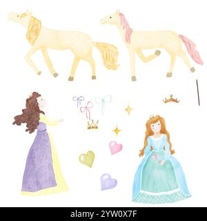 Märchenprinzessinnen und süße Pferde im Kinderset. Magische Herzen und goldene Kronen. Aquarellabbildung in digitaler Form. Prinzessinnen mit Long hai Stockfoto