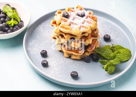 Zwei Stapel frisch gebackener belgischer oder Wiener Waffeln mit Blaubeeren und Minze auf einem blauen Teller. Hochwertige Fotos Stockfoto