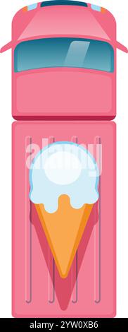 Rosafarbener Eiswagen von oben mit einem riesigen Eiskegel auf dem offenen Bett, der im Sommer erfrischende Leckereien serviert Stock Vektor