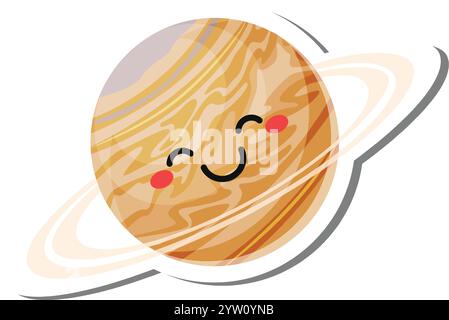 Jupiter, der größte Planet des Sonnensystems, lächelt mit rosa Wangen und umgeben von seinen berühmten Ringen, schafft eine fröhliche und lehrreiche Kawaii-Illustration Stock Vektor