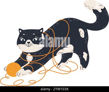 Die niedliche schwarz-weiße Katze spielt spielerisch mit einem Ball aus leuchtendem orangefarbenem Garn, verwickelt sich wunderbar in der weichen Schnur und genießt einen Moment purer Unterhaltung Stock Vektor