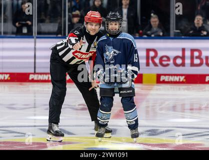 Hauptschiedsrichter Kilian Hinterdobler mit Puckkind Charlotte von den Speckers Dachau. GER, EHC Red Bull München vs. ERC Ingolstadt, Eishockey, DEL, 24. Spieltag, Saison 2024/2025, 08.12.2024. Foto: Eibner-Pressefoto/Heike Feiner Stockfoto