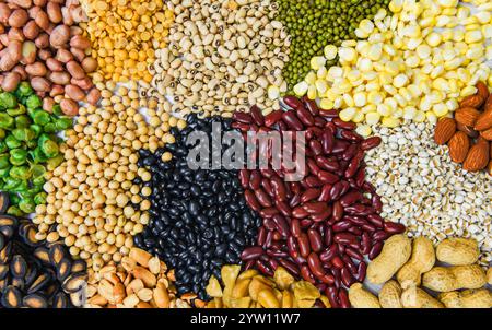 Collage verschiedene Bohnen Erbsen mischen Landwirtschaft natürlicher gesunder Lebensmittel zum Kochen Zutaten/Set verschiedener ganze Körner, Bohnen und Hülsenfrüchte Samen len Stockfoto
