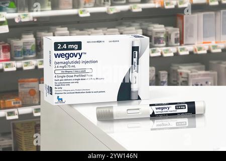 Verpackungsbox Wegovy (Semaglutid) injizierbares verschreibungspflichtiges Medikament, Gewichtsverlust-Medikament von Novo Nordisk AS. Kopenhagen, Dänemark - 21. November 20 Stockfoto