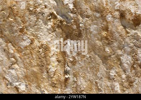 Detaillierte Textur erodierter Felsen in Pammukale, Türkei. Charakteristische Sedimentschichten und einzigartige Felsformationen mit Erdtönen Stockfoto