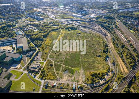 Luftaufnahme, Brachfläche am Nordrand des Industriegebiets Westfalenhütte, Borsigplatz, Dortmund, Ruhrgebiet, Nordrhein-Westfalen, G Stockfoto