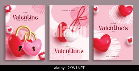 Clipart-Poster-Set zur Begrüßung zum valentinstag. Valentinstag-Einladungskarte mit zwei Ballons, Schloss und Schlüsselelementen in abstrakter Form Stock Vektor