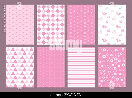 Clipart-Set mit nahtlosem Herzmuster. ClipArt mit endlosen und durchgehenden Mustern und Tapetenkollektion mit Herz-, Diamant-, Kreis- und Blumenformen. Stock Vektor