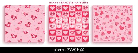 Nahtloses Clipart-Set mit Herzmustern. Herzformen umreißen und skizzieren durchgehende Clips für valentinstag, Hochzeit und Jahrestag Stock Vektor