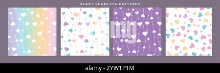 Clipart-Set mit nahtlosem Herzmuster. Heart Shapes Clip Art in lila, rosa und grünen Mustern für endlose Hintergrundbilder. Vektor Stock Vektor
