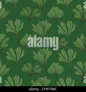 Freihändig dunkelgrüne Blätter des Ginkgo Biloba Baumes. Modernes nahtloses Muster für Verpackungsdesign, Tapeten und Textilien. Dekoratives Blumenmuster Stockfoto
