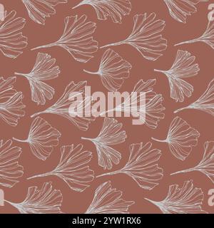 Freihändiges Zeichnen von Mocha Mousse-Blättern des Ginkgo Biloba-Baumes. Leuchtendes braunes nahtloses Muster für Verpackungsdesign, Tapeten und Textilien. Dekoratives Blumenmuster Stockfoto