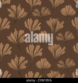 Freihändiges Zeichnen von Mocha Mousse-Blättern des Ginkgo Biloba-Baumes. Leuchtendes braunes nahtloses Muster für Verpackungsdesign, Tapeten und Textilien. Dekoratives Blumenmuster Stockfoto