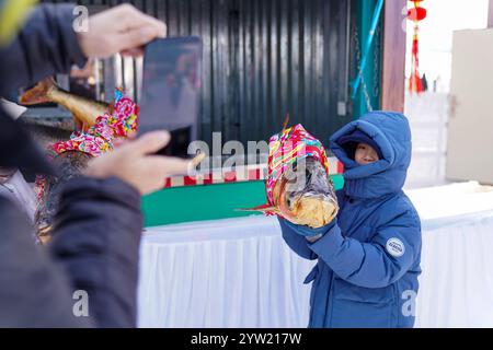 Harbin, China. 7. Dezember 2024. Das 5. Harbin Ice Harvesting Festival beginnt am Nordufer des Songhua River in Harbin, der Hauptstadt der nordöstlichen chinesischen Provinz Heilongjiang, am 7. Dezember 2024. Quelle: Zhao Yuhang/China News Service/Alamy Live News Stockfoto