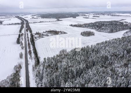 Landstraße durch schneebedeckte ländliche Landschaft mit landwirtschaftlichen Feldern und Wäldern. Luftaufnahme. Stockfoto