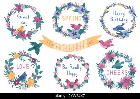 Blumenrand. Frühlingsblumenrahmen, süße Vögel. Glückwunsch zur Natur im Sommer, hübsches, modernes Vintage-Muster. Botanische Elemente für Karten und Poster. P Stock Vektor