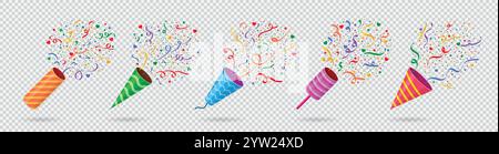 Papierkopper. Geburtstagskonfetti-Feuerwerkskörper, Veranstaltung oder Karneval Erfolg Geschäftsfeier. Bunte Explosion. Feiertagselemente für Partyfeiern. Stock Vektor