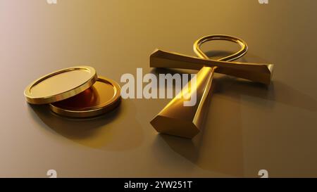 Eine 3D-Darstellung von goldenem Ankh, einem Symbol des Lebens im alten Ägypten, umgeben von einem Stapel von Goldmünzen, die Reichtum und Wohlstand repräsentieren. Stockfoto