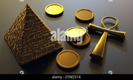 Eine 3D-Darstellung des goldenen Ankh, einer ägyptischen Hieroglyphen, die den Schlüssel zum Leben darstellt, wird mit einer Pyramide und Goldmünzen gezeigt. Stockfoto