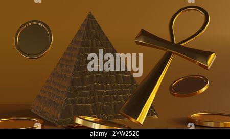 Eine 3D-Darstellung des goldenen Ankh, einer ägyptischen Hieroglyphen, die den Schlüssel zum Leben darstellt, wird mit einer Pyramide und Goldmünzen gezeigt. Stockfoto