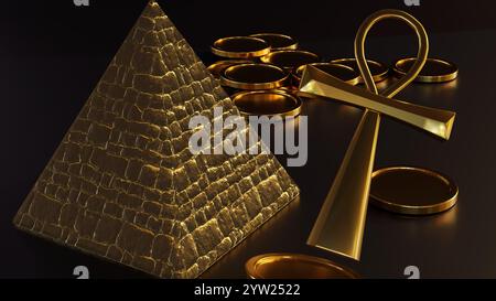 Eine 3D-Darstellung des goldenen Ankh, einer ägyptischen Hieroglyphen, die den Schlüssel zum Leben darstellt, wird mit einer Pyramide und Goldmünzen gezeigt. Stockfoto