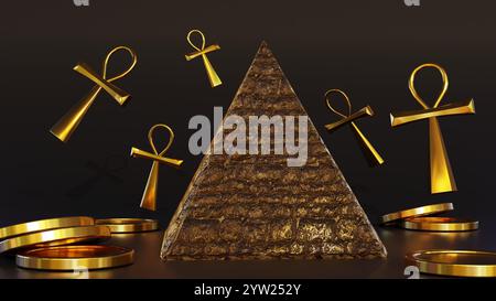 Eine 3D-Darstellung des goldenen Ankh, einer ägyptischen Hieroglyphen, die den Schlüssel zum Leben darstellt, wird mit einer Pyramide und Goldmünzen gezeigt. Stockfoto