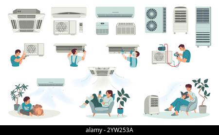 Klimaanlage. Raumbelüftung. Montage und Reparatur der Gebläsemaschine. Gerätenergie. Gebäudesystem sauber und kontrolliert. Ventilator reparieren. Menschen Stock Vektor