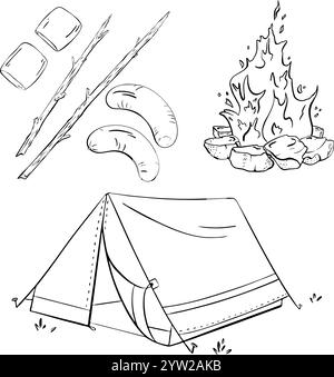 Camping Essentials für Ihr Abenteuer Feuer, Zelt, Essen und vieles mehr für angenehme Erlebnisse. Abbildung der Vektorskizze. Tourismus Stock Vektor