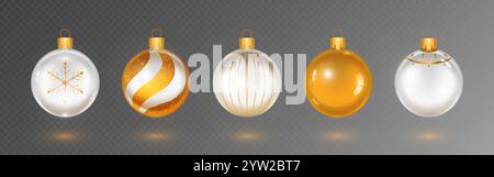 Festliche Weihnachtskugeln mit weiß-goldenem Design - Schneeflockenmuster, spiralförmige Glitzerdekoration, gestreiftes Ornament, massiver metallischer und minimalistisch verzierter Ball. 3D-Weihnachtskugeln mit glänzenden Kappen Stock Vektor