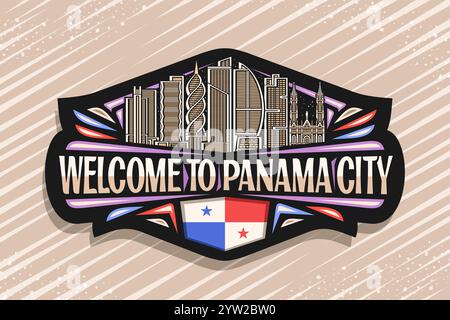 Vektor-Logo für Panama City, dunkles horizontales Abzeichen mit Linienillustration der städtischen amerikanischen Stadtlandschaft auf nächtlichem Himmel Hintergrund, Kunstdesign-Kühlschrank Stock Vektor