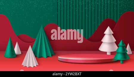 3D-Weihnachtsbaum-Podium. Frohe Weihnachten rotes Banner bg für Produktpräsentation im Verkauf. Neujahrsfeier mit Feiertagsdekoration zur Promotion. Premium-Werbeplattform für fröhliche Feier-Illustration Stock Vektor