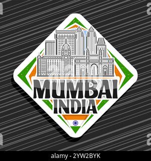 Vektor-Logo für Mumbai, weiße dekorative Raute Straßenschild mit einfacher Illustration der berühmten asiatischen mumbai Stadtlandschaft, Kunstdesign Kühlschrank Magnet wi Stock Vektor