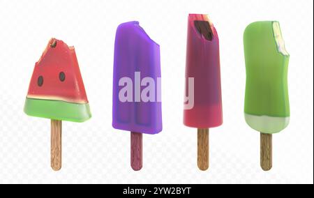 3D-Biss-Popsicle-Vektor. Obsteis im Sommer. Realistische Wassermelonen-Frostsaft- und Kiwi-eskimo-Treat-Kollektion. Erdbeer- und Schokoladengefriergetschmeckprodukt. Fruchtige grüne Süßigkeiten Illustration Stock Vektor