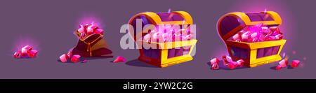 Fantasy-Schatzspiel-Elemente – glühender Ping-Diamant im Stapel, Tasche, offene Holzkiste voller Edelsteine. Schreitet in Schritten schimmernde Edelsteine, die für Abenteuer und Piraten-gui wachsen. Stock Vektor