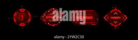 Rote hud-Warnmeldung. Cyber-ui-Fehler-Frame-Zeichen. Technische Vorsicht Hologramm für Schnittstelle. Futuristisches scifi-Warnmeldungs-Grafikelement. Militärisches Armaturenbrett mit Notfallaufkleber und Achtung Stock Vektor