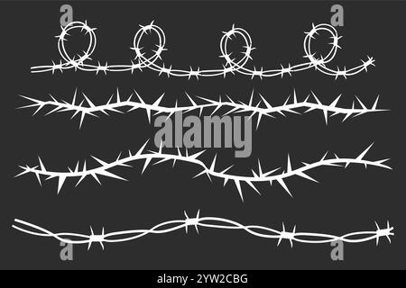 Thorn Stab Rebpflanze mit Stacheln einfacher Rand y2k gruseliger Zweig. Tätowierung mit Stacheldraht. Begrenzungsrahmen. . Vektorabbildung Stock Vektor