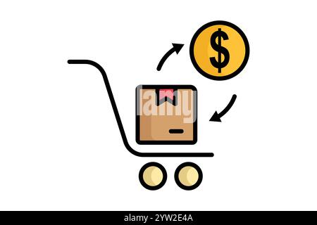 Einkaufssymbol. Symbolstil für farbige Umrisse. Warenkorb mit Produkt und Dollar. Symbol für Beschaffung. Beschaffungsmanagement-Elemente vecto Stock Vektor