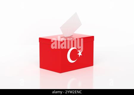 Rote Wahlurne mit der türkischen Flagge für die Wahl, die Demokratie in Aktion symbolisiert. Politische Entscheidungen, Entscheidungsfindungen und bürgerschaftliches Engagement Stockfoto