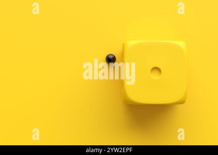 Gelber Würfel, die Nummer eins mit einer kleinen schwarzen Kugel auf gelbem Hintergrund zeigen. Glücksspiel, Glücksverlust, Zufall, Verlustkonzepte. 3D-Rendering. Stockfoto
