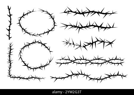 Thorn Stab Rebpflanze mit Stacheln einfacher Rand y2k gruseliger Zweig. Tätowierung mit Stacheldraht. Begrenzungsrahmen. . Vektorabbildung Stock Vektor