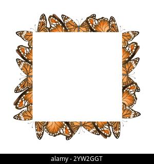Rechteckiger Rahmen mit orangefarbenen und schwarzen Schmetterlingen und Aquarellabbildung im Kopierraum. Sommer und Herbst fliegende Monarch Stockfoto