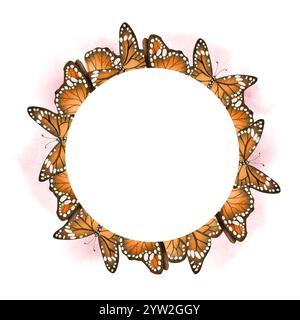 Aquarellorange Schmetterlinge runder Kranzrahmen mit Kopierraum isolierter Illustration. Sommer und Herbst fliegende Monarch Stockfoto