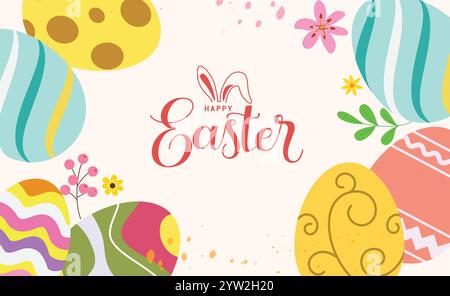 Happy easter Wishes Clipart Hintergrund. Frohe ostersonntaggrüße mit farbenfrohen abstrakten Eiern, Häschen und Blumen-Zeichenelementen. Vektor Stock Vektor