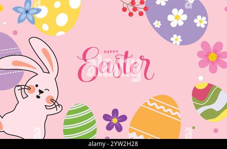 Ostern Clipart Hintergrund Design. Happy easter sunday wünscht Clipart mit Häschen, Eiern und Blumen abstrakten bunten Zeichnung Hintergrund. Vektor Stock Vektor