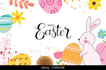 Happy easter Clipart Hintergrund Design. Frohe ostersonntagwünsche und Grußclips mit flachem Häschen, Eiern und Blumen in bunten Farben Stock Vektor