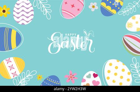 Happy easter Wishes Clipart Hintergrund. Happy easter sunday-Grußkarte mit farbenfrohen abstrakten Eiern, Blumen und Häschen-Zeichendekoration Stock Vektor